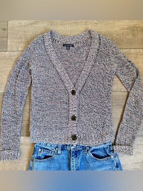 American Eagle Fitted Cardigan Marled Knit Pastel Minimalist V Neck XS